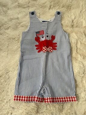 Matt’s Scooter Blue Stripe Kids Overalls with Red American Crab Applique